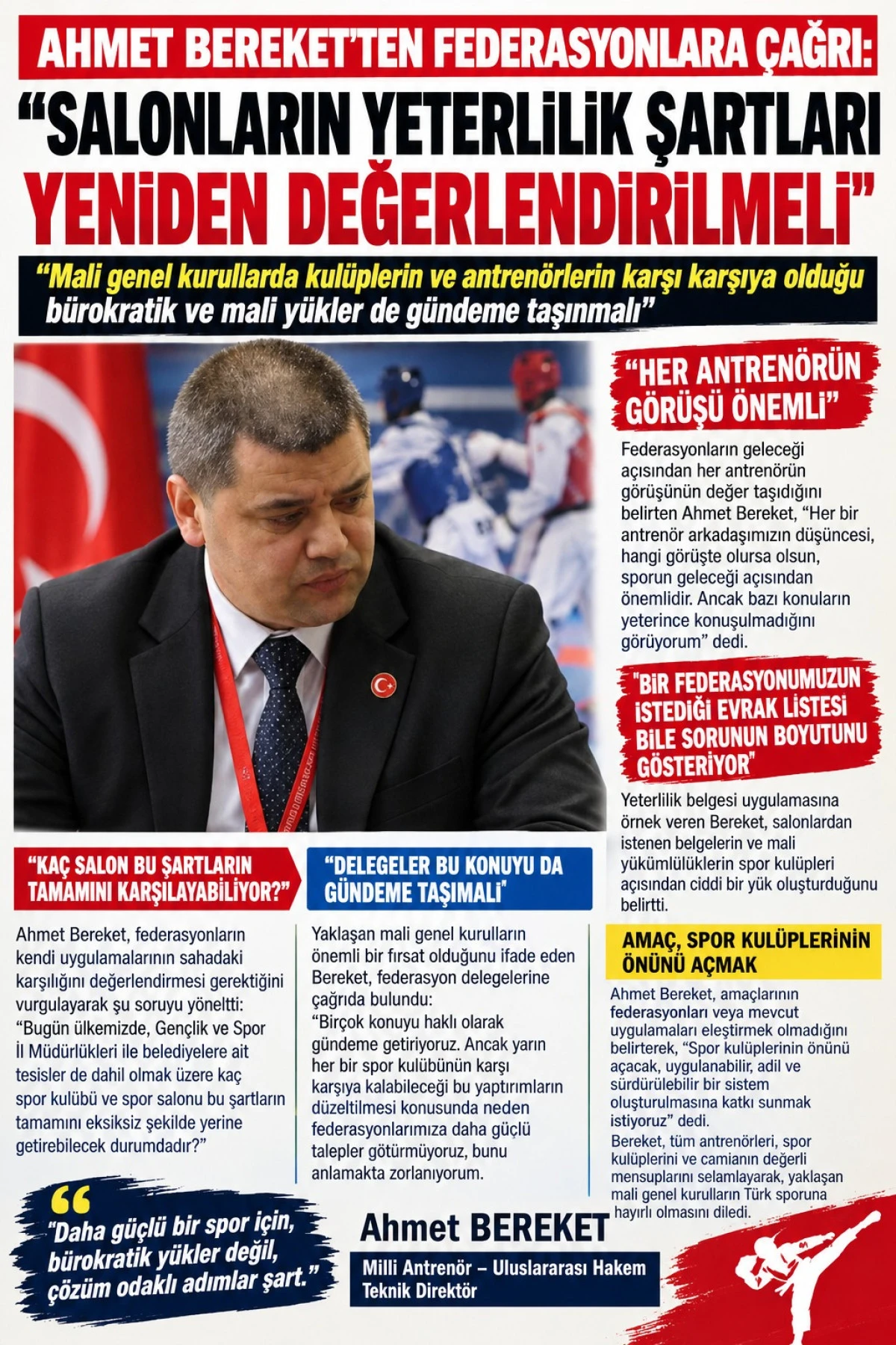 AHMET BEREKET&rsquo;TEN SPOR FEDERASYONLARA &Ccedil;AĞRI: &ldquo;SPOR SALONLARIN YETERLİLİK ŞARTLARI YENİDEN DEĞERLENDİRİLMELİ&rdquo;