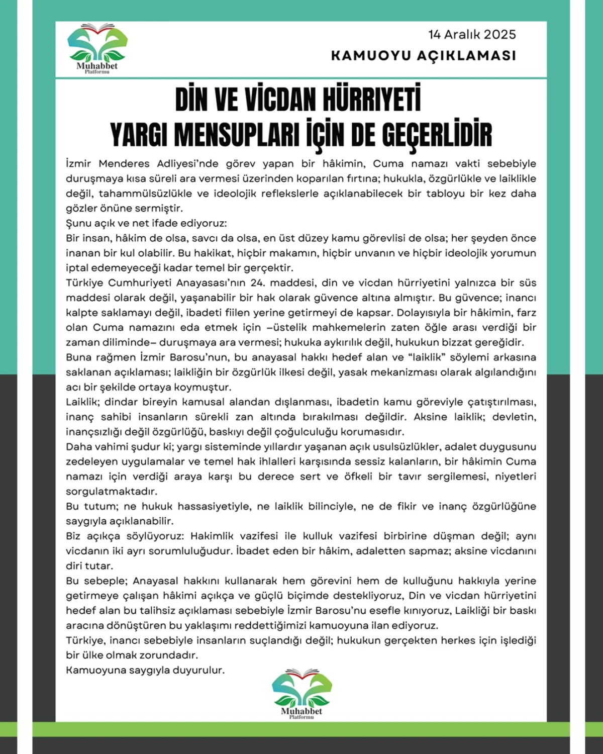 Din ve Vicdan H&uuml;rriyeti Yargı Mensupları İ&ccedil;in de Ge&ccedil;erlidir